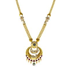 This 22k yellow gold necklace and earring set by Virani Jewelers showcases the exquisite artistry of Indian jewelry. The gold necklace and earrings are embellished with rubies, emeralds, and cubic zirconia, carefully set in radiant 22k gold for a refined, luxurious look. Ideal for formal gatherings or family celebrations, this Kundan and gemstone necklace set adds a touch of tradition to modern elegance. The intricate detailing ensures this gold necklace and earring set stands out, making it a cherished addition to any jewelry collection.Features• 22k yellow gold• Engraved details• Emerald • Kundan • Cubic zirconia• Pearls• RubyNecklace Specifications:• Minimum Width - 2.5 millimeters• Maximum Width - 56 millimeters• Length - 28 inchesEarring Specifications:• Minimum Width - 1.5 millimeter Kameswari Jewellers Necklace Sets, Luxury Yellow Gold Kundan Jewelry, Luxury 22k Gold Kundan Necklace, Necklace Kameswari Jewellers, Luxury Kundan Jewelry In Yellow Gold, Yellow Gold Necklace, Gold Necklace Set, Family Celebrations, Necklace And Earring Set