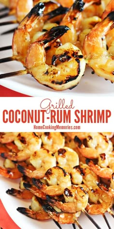 grilled coconut - rum shrimp skewers on a white plate with text overlay