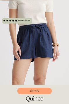 Relaxed and lightweight, these shorts are equally perfect for lounging around or stepping out to see friends. Made from soft, 100% organic linen, they’re a perfect addition for the warm weather.  | Quince | Women's Shorts in Deep Navy, Size Large, Linen European Linens, Re A, Organic Linens, Stepping Out, Linen Shorts, Quince, Warm Weather, Women's Shorts, The 100