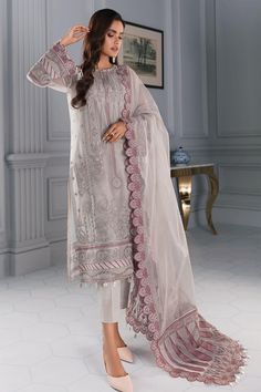 Brand: JazminCollection: Iris Luxury Formal CollectionFabric: Chiffon/Silk 3 Piece Embroidered Formal Collection Embroidered Organza Front Panel Embroidered Organza Front, Left & Right Panels Embroidered Organza Sleeves Embroidered Front & Back Borders Embroidered Sleeves Border Embroidered Dupatta Borders Dyed Rawsilk Trouser Jazmin Iris Luxury Formal Edition 2021 Authenticity Guaranteed – 100% Original Brand. 3 Days Return Policy T&C apply. International Delivery. Faisal Fabrics Store Online o Sara Clothes, Gowns For Girls, Ladies Clothing, Eid Collection, Pakistani Suits, Pakistani Designers, Shalwar Kameez, Suit Fabric, Fabric Stores Online