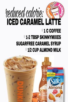 an advertisement for iced caramel latte with coffee and almond milk on the side