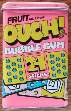 a pink tin canister with the words,'fruit and flavor bubble gum 24 sticks '