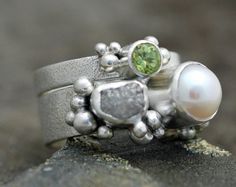 Freshwater Pearl Rough Diamond and Peridot Sterling by Specimental Stackable Peridot Wedding Jewelry, Unique Peridot Wedding Jewelry, Handmade Peridot Wedding Rings, Silver Ring Stack, Engagement And Wedding Band, Hair Jewelry For Braids, Raw Diamond Rings, Ring Stack, Yellow Citrine