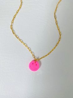 Neon Smiley Face Chain Necklace | Etsy Trendy Pink Necklaces For Everyday, Playful Pink Necklace For Everyday, Trendy Pink Necklace For Everyday, Everyday Pink Charm Necklaces, Trendy Pink Smiley Face Jewelry, Neon Smiley Face, Face Chain, Moon Choker Necklace, Green Gems