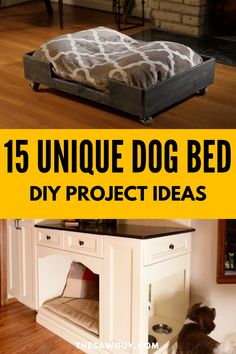 a dog bed that is on top of a wooden floor with the words 15 unique dog bed diy project ideas