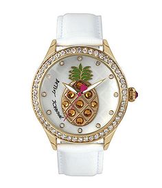 Betsey Johnson Pineapple Crystal Bezel Embossed Leather Strap Analog Watch #Dillards Pineapple Jewelry, Bezel Jewelry, Leather Strap Watch, Betsey Johnson Jewelry, White Jewelry, Betsy Johnson