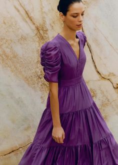 Silk Cotton Maxi Dress Summer Purple Elegant Purple Tiered Dress, Elegant Tiered Dress With Puff Sleeves, Elegant Fitted Tiered Dress With Puff Sleeves, Cotton Maxi Dress Summer, Fashion Me, Maxi Dresses Fall, Cotton Maxi Dress, Embroidered Blouse Designs, Luxury Dresses