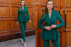 Make a statement with our exquisite Women's Green Suit, boasting a flattering Peplum design. Ideal for any occasion, this Chic Pantsuit radiates sophistication and charm, ensuring you stand out effortlessly wherever you go. *WHERE TO WEAR -A women's pantsuit is perfect for formal events and special occasions. *DETAILS -fitted peplum blazer   -blazer with a viscose lining, made of a fabric that feels pleasant against the skin -has small shoulder pads -blazer fastens with a fabric-covered button -high-rise fitted pants -flared trousers -the pockets on the trousers are functional  *MATERIAL - Premium quality crepe, which consists of 55% viscose, 40% polyester and 5% elastan *SIZES The model in photos is wearing a size XS Available in 4 sizes: XS = 2 US numeric BUST 32-34 inches or 82-86 cm WA Chic Pantsuit, Green Pantsuit, Green Suit Women, Women's Pantsuit, Peplum Pants, Peplum Suit, Peplum Design, Suit Measurements, Formal Women