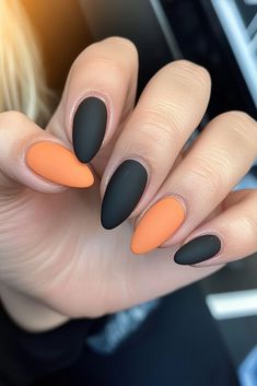 58 Fall Nail Designs to Match Your Sweater Weather Vibes - Luxe Luminous Orange And Black Fall Nails, Purple Orange Black Nails, Orange And Black Nail Ideas, Orange Black And White Nails, Nails Black And Orange, Black And Orange Nail Designs, Orange Almond Nails, Black And Orange Nails, Orange And Black Nails