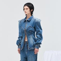 MAISON FEMALIEN Description:Corset denim jacket · Wrapped chest· Padded shoulder· Distressed· Polo collar· Backless· CottonImported Pink Long Sleeve Dress, Arcana Archive, Denim Projects, Recycled Denim, Waist Circumference, Women Denim Jeans, Vintage Denim, Denim Fashion, Statement Pieces