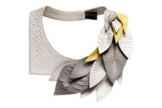 Daniel Havillio leather bib necklace. Edenia, necklace in python skin. Remarkable Leather Jewelry. See related items on Fanatic Leather Store. Leather Jewelry Making, Avant Garde Jewelry, Leather Art, Leather Flowers, Textile Jewelry, Leather Gifts