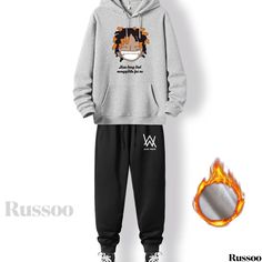 Russoo - Autumn Winter Oversized Mens Plus Size Hoodie and Sweatpants Set: Graphic Plain Color Hoodie with Drawstring, Warm Fleece Lining, and Pocket, Accompanied by Loose-fitting Drawstring Long Sweatpants, Ideal for Big and Tall Gentlemen Hoodie And Sweatpants, Sweatpants Set, Polyester Top, Drawstring Hoodie, Big And Tall, Gentleman, Sweatpants, Collar Styles, Loose Fitting