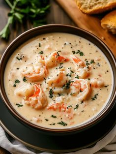 a bowl of shrimp chowee with bread on the side