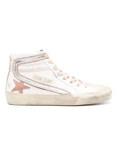 White GOLDEN GOOSE GOLDEN GOOSE SLIDE HIGH-TOP SNEAKERS Golden Goose High Tops, Golden Goose Slide, Embroidered Collars, Pink Star, Versace Bags, Sneaker Games, Balenciaga Designer, Pink Stars, Comfortable Flats