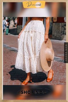 Boho Chic Eyelet Skirt High Elastic Waistband Ruffle Flowy Midi Skirts Beige Ruffled Maxi Skirt For Summer, Summer Tiered Skirt In Beige, Summer Beige Tiered Skirt, Non-stretch Tiered Beach Skirt, Non-stretch Tiered Skirt For Beach, Beach Tiered Skirt, Beige Ruffled Skirt For The Beach, Non-stretch Beige Skirt For Summer, Summer Non-stretch Beige Skirt