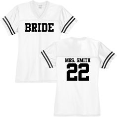 the bride and groom shirts are white with black stripes on each side, which reads mrs smith 22