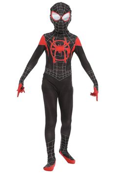 a person in a spiderman costume with red and black accents on the chest, arms and legs