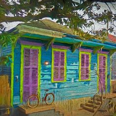 a painting of a blue house with purple shutters and bicycles parked outside the window