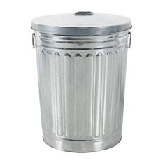 a metal trash can on a white background