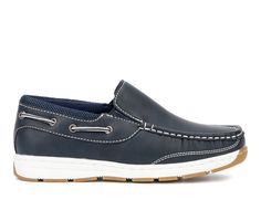 These classic slip-on boat shoes are crafted with faux leather and moc toe stitching giving your kid a grown stylish look. Versatile enough for everyday wear and extremely comfortable for your active young man. This is the perfect way to show off your little man's style. Faux Leather / Polyester upper, Easy slip on entry, Flat heel, Round toe, Thermoplastic Rubber (TPR) outsole | Boys' Xray Footwear Dorian Loafers in Navy Size 12 - Little Kid Navy Slip-on Boat Shoes For Boating, Navy Slip-on Boat Shoes, Kid A, Dress Loafers, Shoe Carnival, Boy Shoes, Men Boys, Big Kid, Big Kids