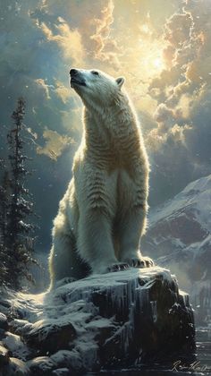 a painting of a polar bear sitting on top of a rock looking up at the sky