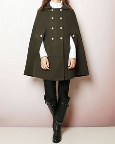 * A cool and long woolen cape coat, very elegant. * With gold color buttons and fully lined with lining. * Material: Outer-50% wool, 50% polyester; lining-100% polyester Shop sizing chart FYI ( actual body figures, not laying flat clothes measurements) Size XS (US 2, UK 6, German 32, French 34) Bust: fits bust around 33.5 inches/85cm Waist: fits waist around 26 inches/66cm Hips: fits hips around 36 inches/91cm Size S (US 6, UK 10, German 36, French 38) Bust: fits bust around 35.5 inches/90cm Wai Long Wool Cape For Fall, Wool Long Coat Cape For Fall, Fall Workwear Cape With Button Closure, Fall Wool Long Cape Coat, Chic Fall Cape Wool Coat, Elegant Long Coat Cape For Winter, Elegant Fall Cape With Buttons, Elegant Fall Poncho Cape, Wool Cape For Fall