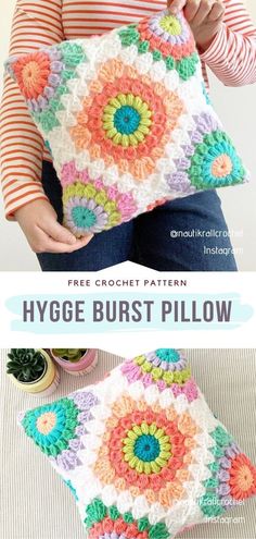 a crocheted pillow is shown with the words hygge burst pillow