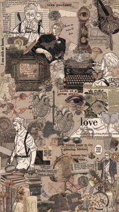 a collage of images with words and pictures on them, including an old typewriter