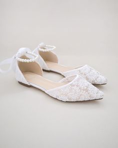 Crochet lace pointy toe flats for comfortable wear throughout your special day and perfect for wedding party. With pearl ankle strap to create a classic yet sophisticated look for any occasion. DETAILS: UPPER: Synthetic upper and lining MATERIALS: Manmade outsole HEEL HEIGHT: 0.3" ORIGIN: Imported Pointy Toe Flats, Bride Shoes, Shoes Collection, White Crochet, Crochet Lace, Womens Flats, Formal Wear, Silver Beads, Shoe Collection