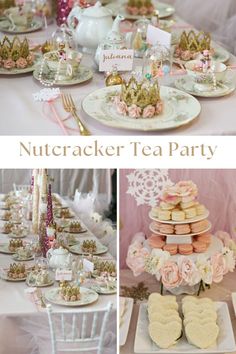 a table filled with lots of desserts and tea party food on top of plates