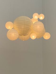 several white paper lanterns hanging from the ceiling