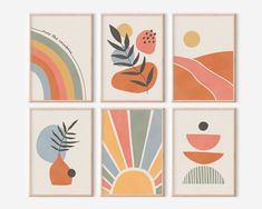 four framed art prints with different shapes and colors