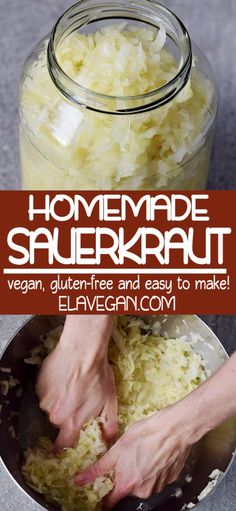 homemade sauerkraut recipe in a jar with two hands sprinkling it