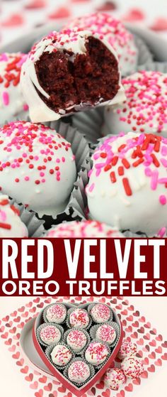 red velvet oreo truffles with white frosting and sprinkles