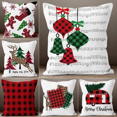 four pillows with christmas decorations on them