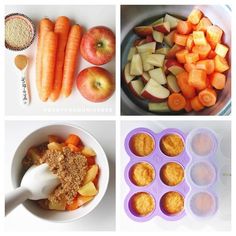 there are four pictures showing different foods in the same bowl and one has apples, carrots, oatmeal, muffins