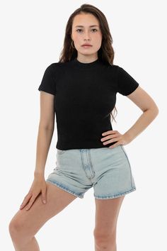 14R309 - 14/1 Rib Mock Neck Top – Los Angeles Apparel Fitted Basic Ribbed T-shirt, Trendy Fitted T-shirt With Ribbed Neckline, Black Ribbed Fitted T-shirt, Classic Black Ribbed Tops, Basic Fitted Ribbed Top, Basic Ribbed Fitted Top, Basic Solid Top With Ribbed Neckline, Basic Top With Ribbed Neckline, Basic Solid Tops With Ribbed Neckline