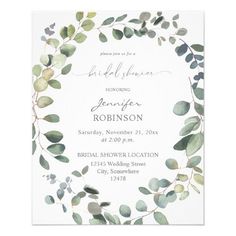 a wedding shower is shown with greenery on the front and bottom of the card