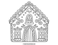 a coloring page with a house in the shape of a gingerbread house, for kids to color