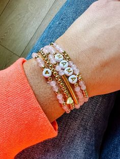 5 Strands Stretch Bracelet Set Mama & Hearts Light Pink & Gold Heart Lights, Stretch Bracelet, Pink Gold, Stretch Bracelets, Bracelet Set, Beaded Bracelet, Pink And Gold, Light Pink, Hobbies