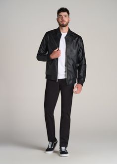 About Our Faux Leather Bomber Jacket for Tall Men Meet the tall men's leather bomber jacket designed for the modern day. Built with a faux leather exterior and a smooth polyester interior, it has a soft-on-the-skin feel. We designed this jacket with a slightly longer fit than a standard bomber, making this a jacket for tall men that’s actually tailored to your height. The exterior features two welt pockets with zippered closures for secure storage for your phone, keys, or wallet. The interior ha Sleek Leather Jacket For Fall, Modern Faux Leather Business Outerwear, Casual Leather Jacket For Business Casual, Black Leather Jacket For Business Casual, Casual Leather Outerwear For Business Casual, Classic Black Leather Varsity Jacket, Tall Men, Men In Black, Tapered Jeans