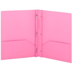 an open pink folder on a white background with clippings to the bottom left