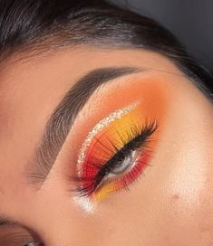 red, yellow & orange sunny eyes with glitter cut crease ; multi-colour makeup; makeup; fun eye looks Make Up Designs, Silicone Makeup, Red Makeup, Colorful Eye Makeup, Makeup Eye Looks, Creative Eye Makeup