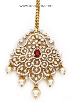 18 karat gold "detachable" diamond maang tikka cum pendant - papidi billa with color stones & south sea pearls
  this product can be used as pendant.
  this product has inter changeable stones in the pendant. 
  gross weight of the pendant without chain : 13.650 grams
  gross weight of the chain without pendant : 1.850 grams
  length of the pendant : 2.20 inches
  width of the pendant :  1.40 inches
 - 235-GT472 - in 15.500 Grams for USD $3,502.36 USD. 
Made in India by Totaram Jewelers Online t Traditional Yellow Gold Bridal Necklace With Diamond Accents, Yellow Gold Diamond Jewelry With Stone Work, Traditional Pendant Jewelry With Diamond Accents, 22k Gold Jewelry With Diamond Accents For Wedding, 22k Gold Wedding Jewelry With Diamond Accents, Traditional Hand Set Yellow Gold Diamond Necklace, Traditional Yellow Gold Diamond Necklace With Hand-set Diamonds, Traditional Yellow Gold Diamond Necklace Hand Set, Traditional Yellow Gold Diamond Necklace With Hand Set