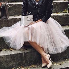 Tutu skirt and black leather jacket -  womens outfit for 2015 - new year's day - Chanel Pleats Fashion, Modest Casual Outfits, Birthday Outfit For Women, Romantic Girl