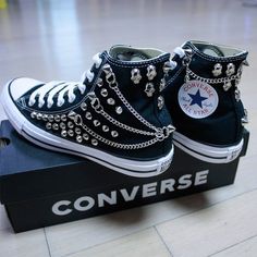 •Handmade Supply•Made to order•Ships worldwide from South Korea•The customs duties may apply from country to country, and must be borne by the buyer. Emo Shoes, Studded Converse, Grunge Shoes, Converse Chucks, Skull Shoes, Mode Shoes, Goth Shoes, Converse Black