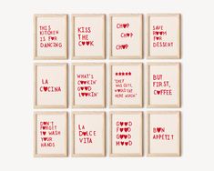 nine framed art pieces with words written in red ink on white paper, each depicting different types of love