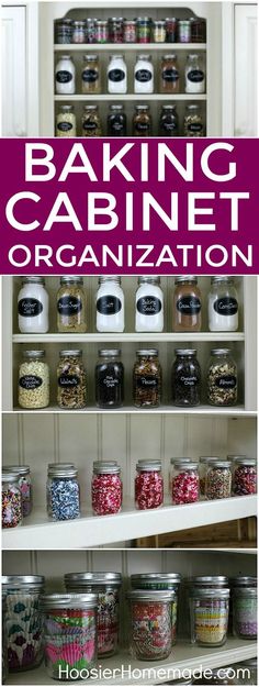 the words baking cabinet organization are in purple and white