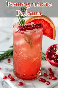 the pomegranate paloma cocktail is garnished with rosemary