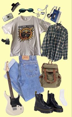 Grunge style: shirt availible for purchase @sequoiasvintagecloset on depop #fashion #outfits #outfitideas #drmartensboots #drmartensoutfit Old Grunge Outfits, 90s Grunge Aesthetic Outfits Women, Actual Grunge Outfits 90s, Summer Outfits Grunge Indie, Summer Clothes Grunge, Yellow Grunge Outfit, 90s Grunge Outfits Women, Fall Grunge Outfits 90s, 90s Grunge Style Outfits